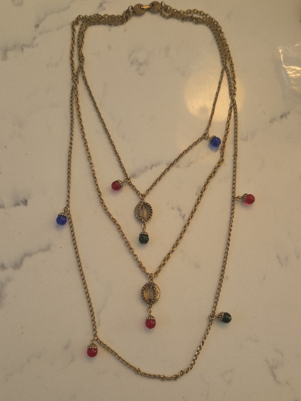 Antique Gold-Tone Layered Necklace with Red, Blue & Green Bead Charms